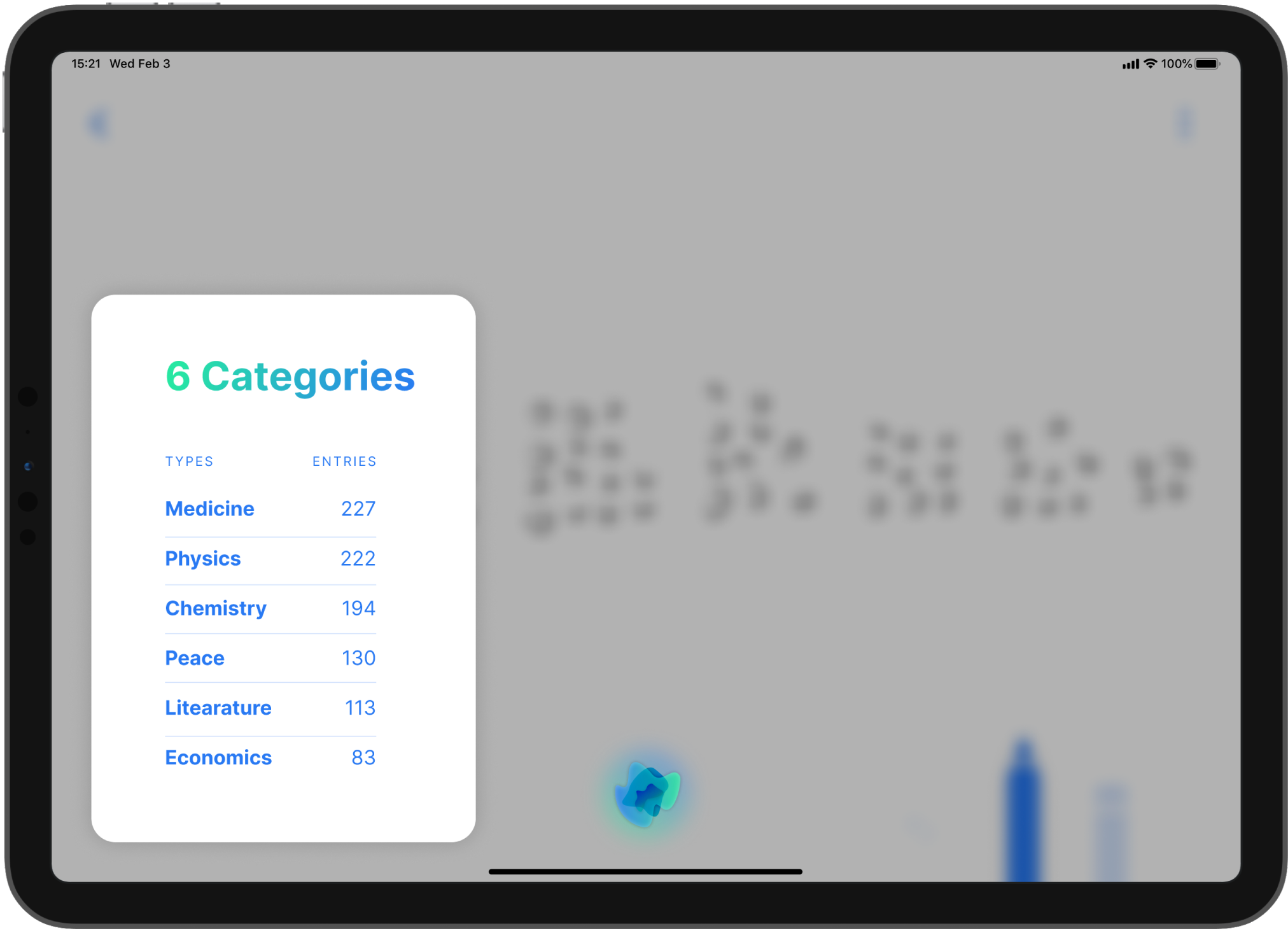 Tablet app with an overlay showing the number of categories found in the data set