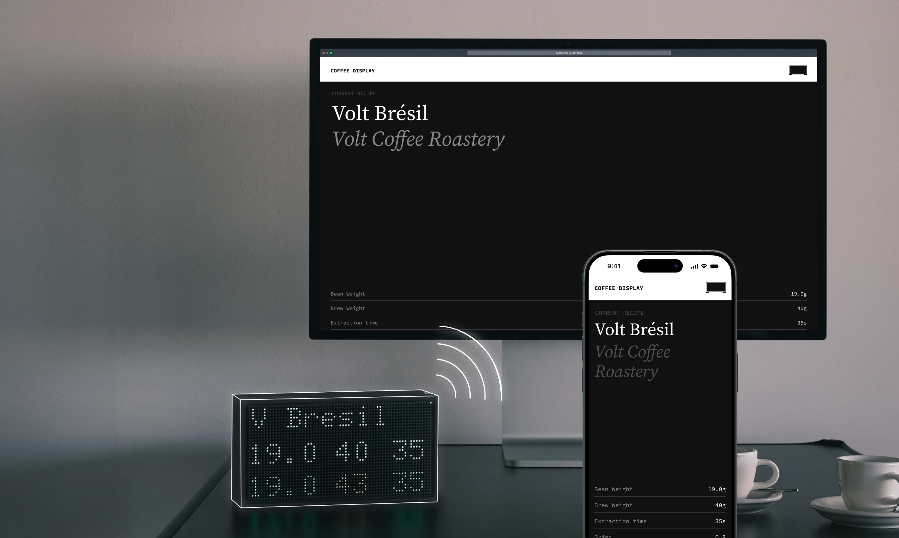 Low resolution led display connected to a desktop and mobile phone via wifi. The desktop and mobile phone show the same interface to select which recipe should be displayed on Coffee Display.