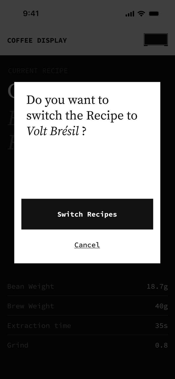 Screenshot of web app on a mobile phone showing a dialog do switch the coffee recipe to Volt Brésil