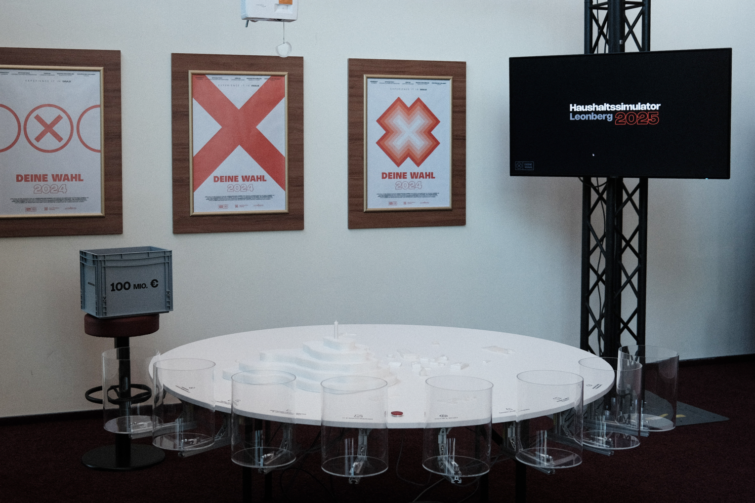 Students in front of the wooden exhibition stations