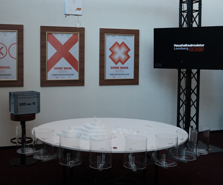 Empty Setup of the simulation game table with a monitor in the background and a beamer hanging from a truss